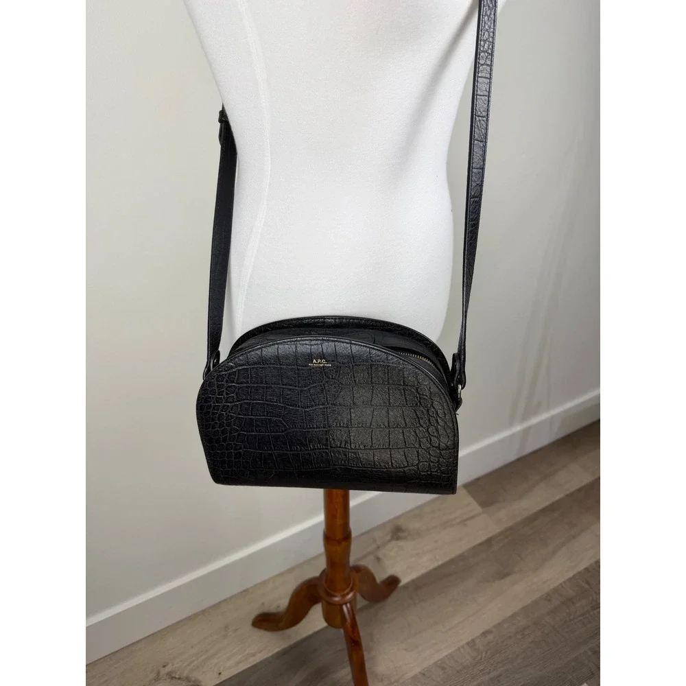 A.P.C. Demi-Lune Bag Black Croc Embossed Leather Half Moon Crossbody OS
